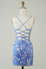 Load image into Gallery viewer, Sheath V Neck Blue Short Homecoming Dress with Appliques Criss Cross Back