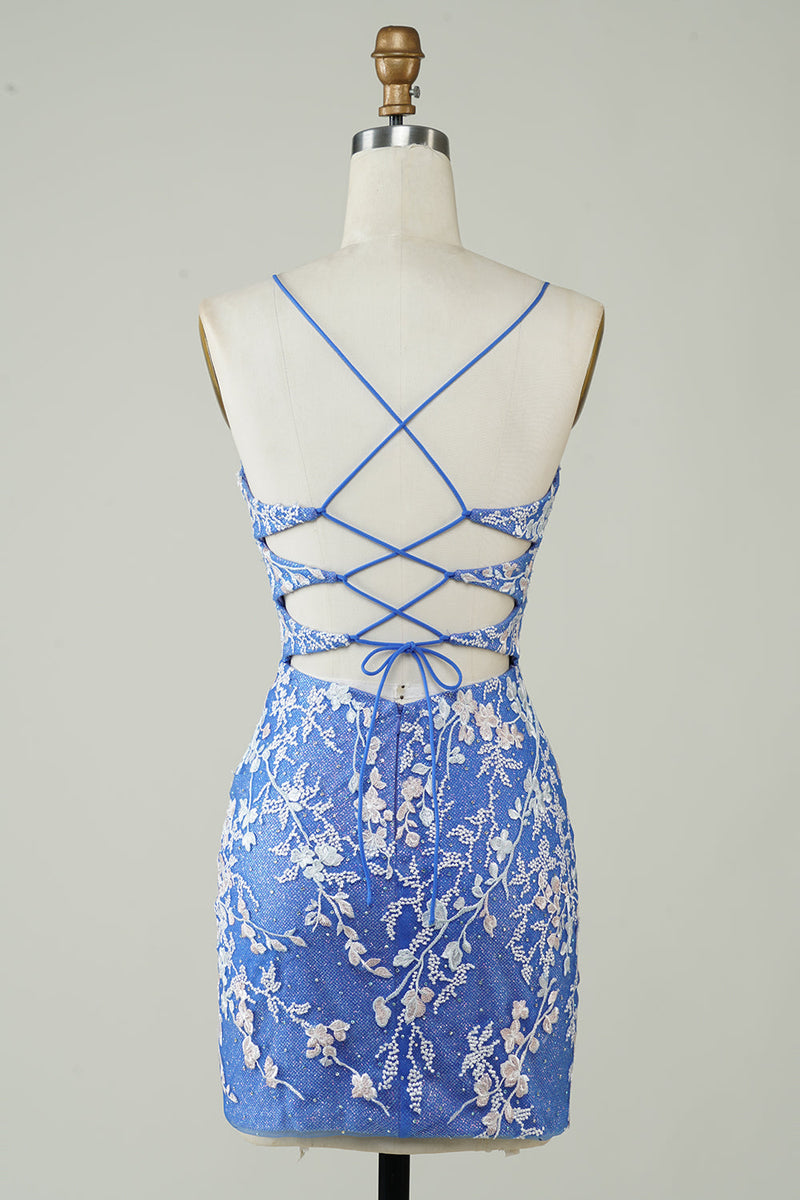 Load image into Gallery viewer, Sheath V Neck Blue Short Homecoming Dress with Appliques Criss Cross Back
