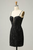Sparkly Black Corset Sequins Tight Graduation Dress with Lace