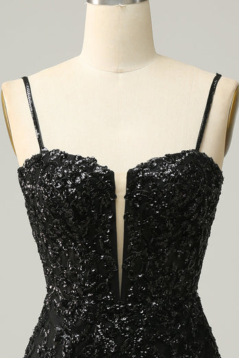 Sparkly Black Corset Sequins Tight Graduation Dress with Lace
