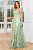A Line Green Corset Long Tulle Prom Dress with 3D Butterflies Split Front