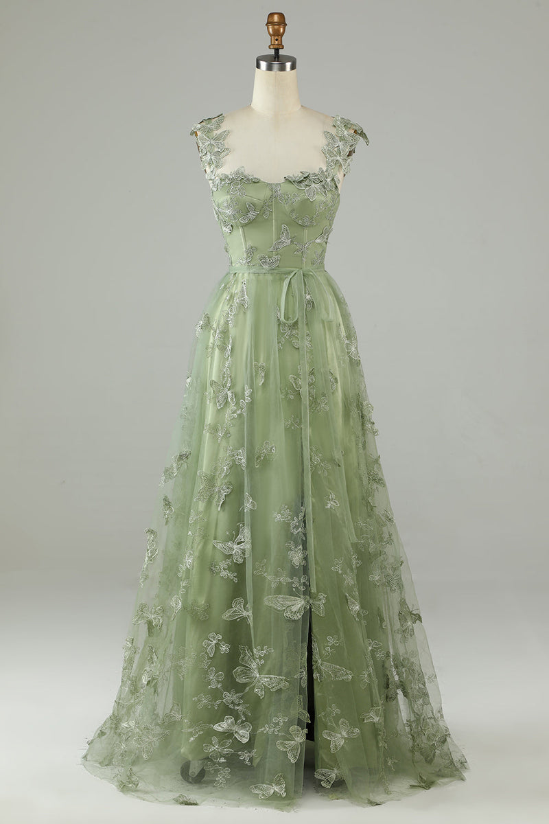Load image into Gallery viewer, Green Corset Long Tulle Prom Dress with 3D Butterflies