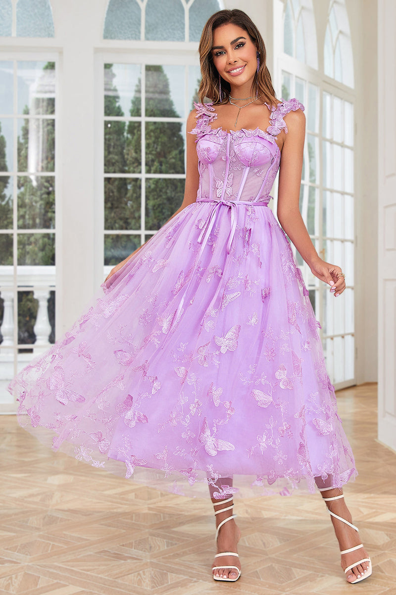Load image into Gallery viewer, Unique A Line Purple Corset Prom Dress with Butterflies Appliques