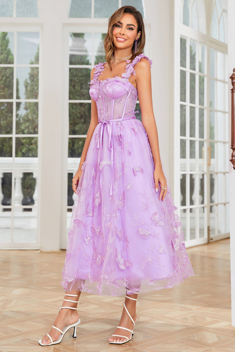 Load image into Gallery viewer, Unique A Line Purple Corset Prom Dress with Butterflies Appliques