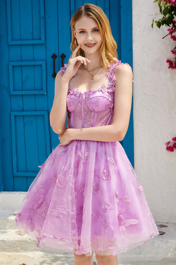 Purple A Line Corset Homecoming Dress with 3D Butterflies