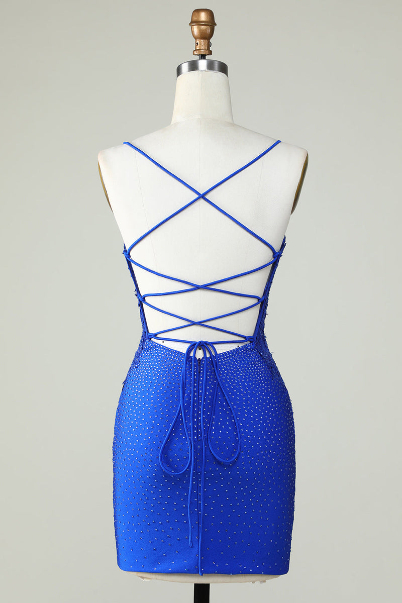 Load image into Gallery viewer, Sheath Spaghetti Straps Royal Blue Short Homecoming Dress with Beading