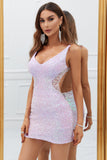 Sparkly Lilac Open Back Sequins Tight Graduation Dress