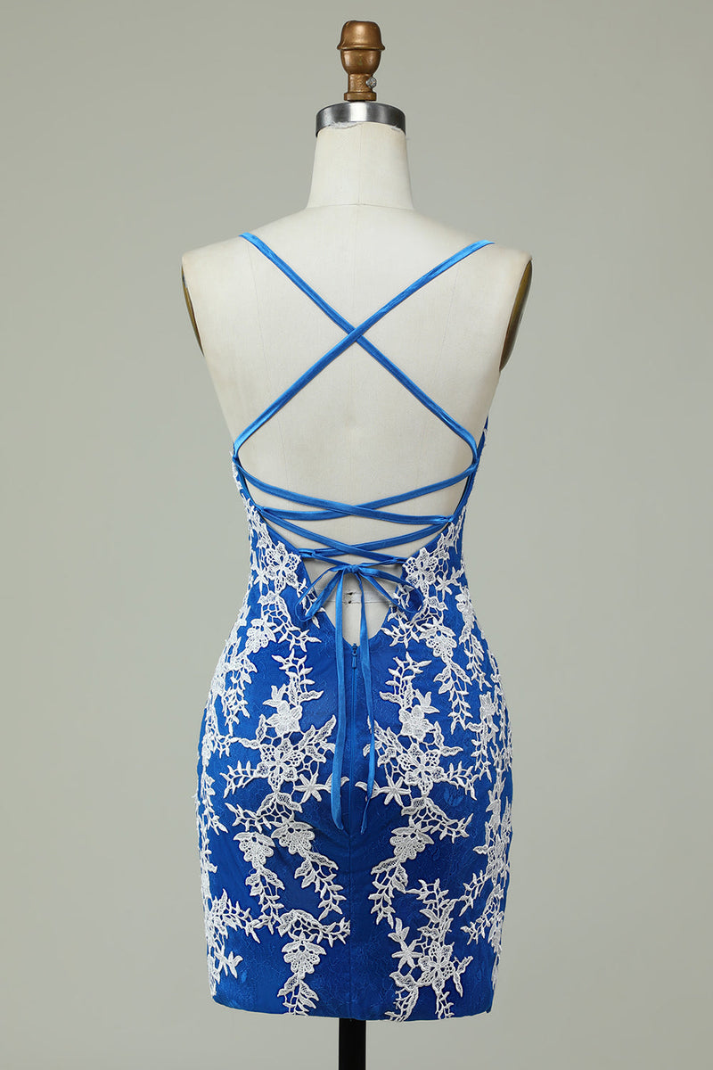 Load image into Gallery viewer, Spaghetti Straps Blue Sheath Homecoming Dress With Appliques