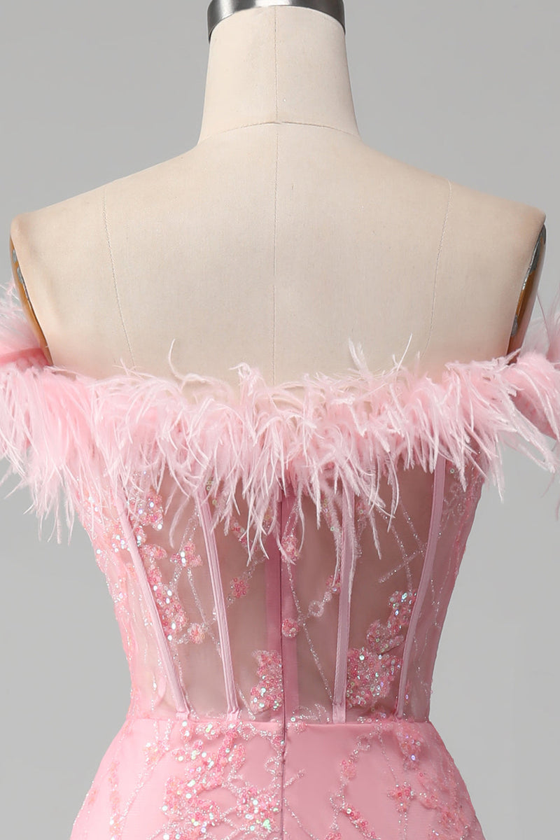 Load image into Gallery viewer, Mermaid Off the Shoulder Sparkly Pink Feathers Corset Prom Dress With Slit