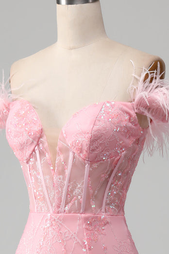 Mermaid Off the Shoulder Sparkly Pink Feathers Corset Prom Dress With Slit