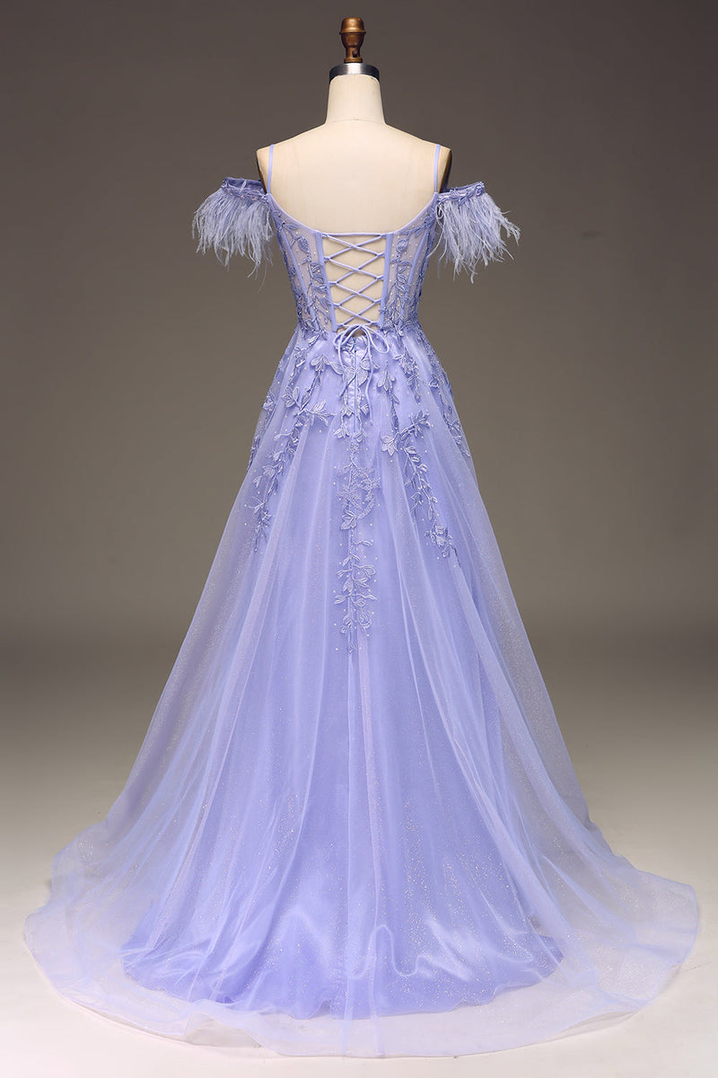 Load image into Gallery viewer, A-Line Cold Shoulder Lilac Corset Prom Dress with Appliques