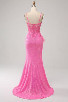 Trendy Mermaid Spaghetti Straps Pink Sequins Long Prom Dress with Appliques