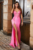 Pink Spaghetti Straps Glitter Sequin Mermaid Prom Dress with Slit