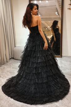 Trendy A Line Sweetheart Black Corset Prom Dress with Ruffles
