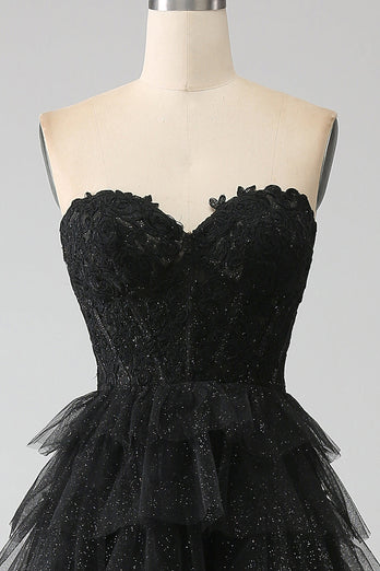Glitter Sweetheart Black Corset Prom Dress with Slit