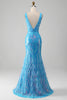 Load image into Gallery viewer, Sparkly Blue Mermaid V-Neck Long Prom Dress With Slit