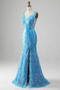 Load image into Gallery viewer, Sparkly Blue Mermaid V-Neck Long Prom Dress With Slit