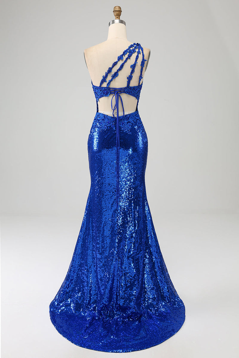 Load image into Gallery viewer, One Shoulder Royal Blue Mermaid Prom Dress with Slit