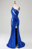 Load image into Gallery viewer, One Shoulder Royal Blue Mermaid Prom Dress with Slit