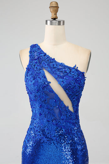 One Shoulder Royal Blue Mermaid Prom Dress with Slit