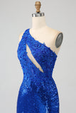 One Shoulder Royal Blue Mermaid Prom Dress with Slit