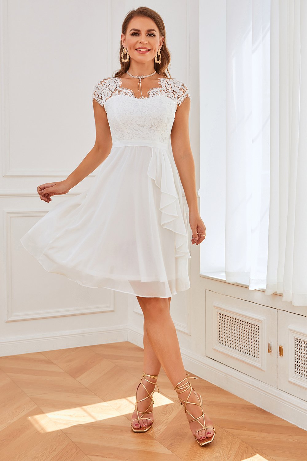White Lace Party Dress with Ruffles
