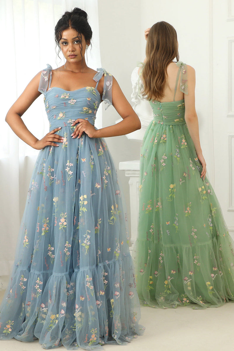 Load image into Gallery viewer, Grey Blue Long Prom Dress With Embroidery