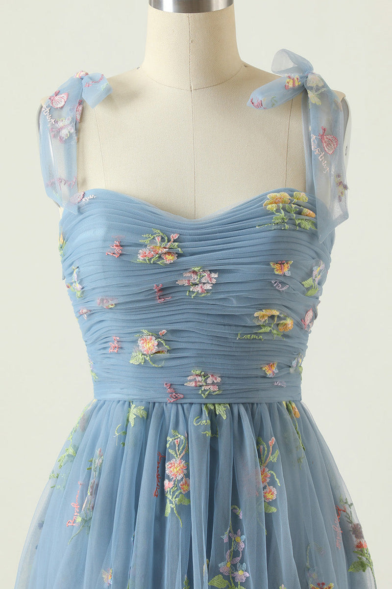 Load image into Gallery viewer, Grey Blue Long Prom Dress With Embroidery
