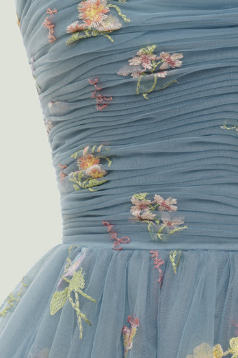 Grey Blue Short A-Line Graduation Dress With Embroidery