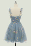 Grey Blue Short A-Line Graduation Dress With Embroidery