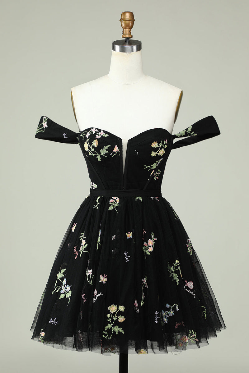 Load image into Gallery viewer, Black A Line Off the Shoulder Homecoming Dress