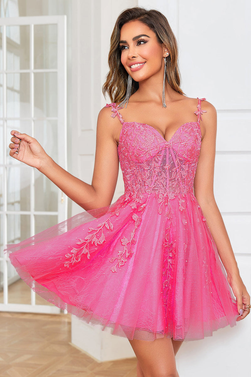 Load image into Gallery viewer, Stylish A Line Spaghetti Straps Pink Short Homecoming Dress with Appliques