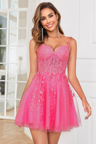Stylish A Line Spaghetti Straps Pink Short Homecoming Dress with Appliques