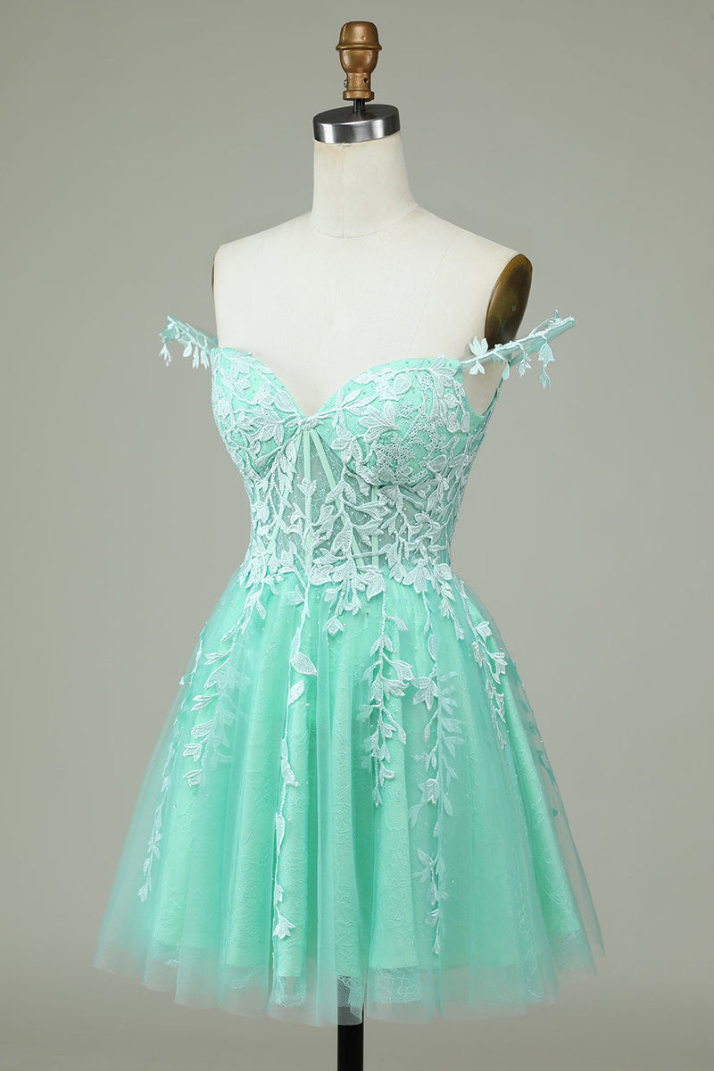 Load image into Gallery viewer, Cute A Line Spaghetti Straps Mint Short Homecoming Dress with Appliques