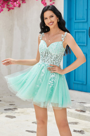 Unique A Line Spaghetti Straps Mint Short Homecoming Dress with Appliques