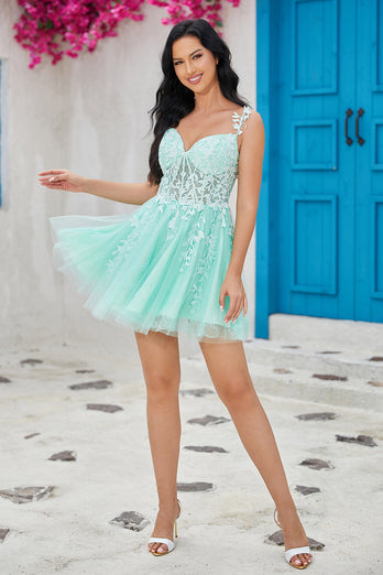 Unique A Line Spaghetti Straps Mint Short Homecoming Dress with Appliques