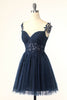 Load image into Gallery viewer, Navy Spaghetti Straps Short Graduation Dress with Appliques