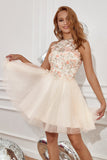 Champagne Halter Graduation Dress with Embroidery