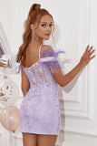 Lavender Off the Shoulder Graduation Dress with Feathers