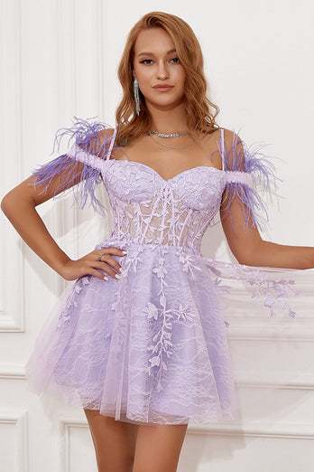 Lavender Off Shoulder Graduation Dress with Feathers