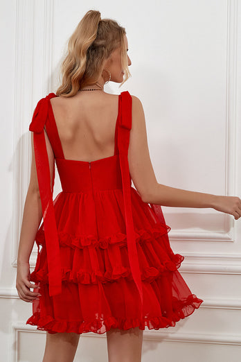 Red Tiered Short Graduation Dress With Bows