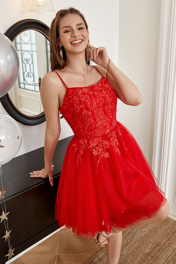 Red A-line Cute Graduation Dress with Appliques