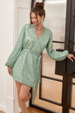 Green Wrap Style Graduation Dress with Long Sleeves