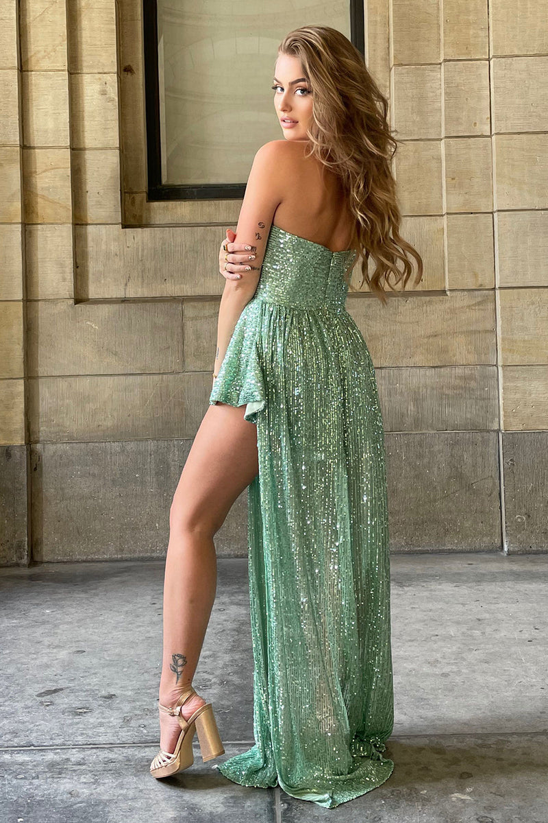 Load image into Gallery viewer, Asymmetrical Light Green Halter Sequined Party Dress with Keyhole