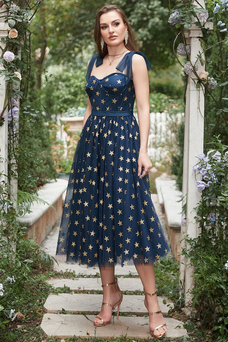 Load image into Gallery viewer, Navy Stars A-Line Tea-Length Prom Dress with Bowknots