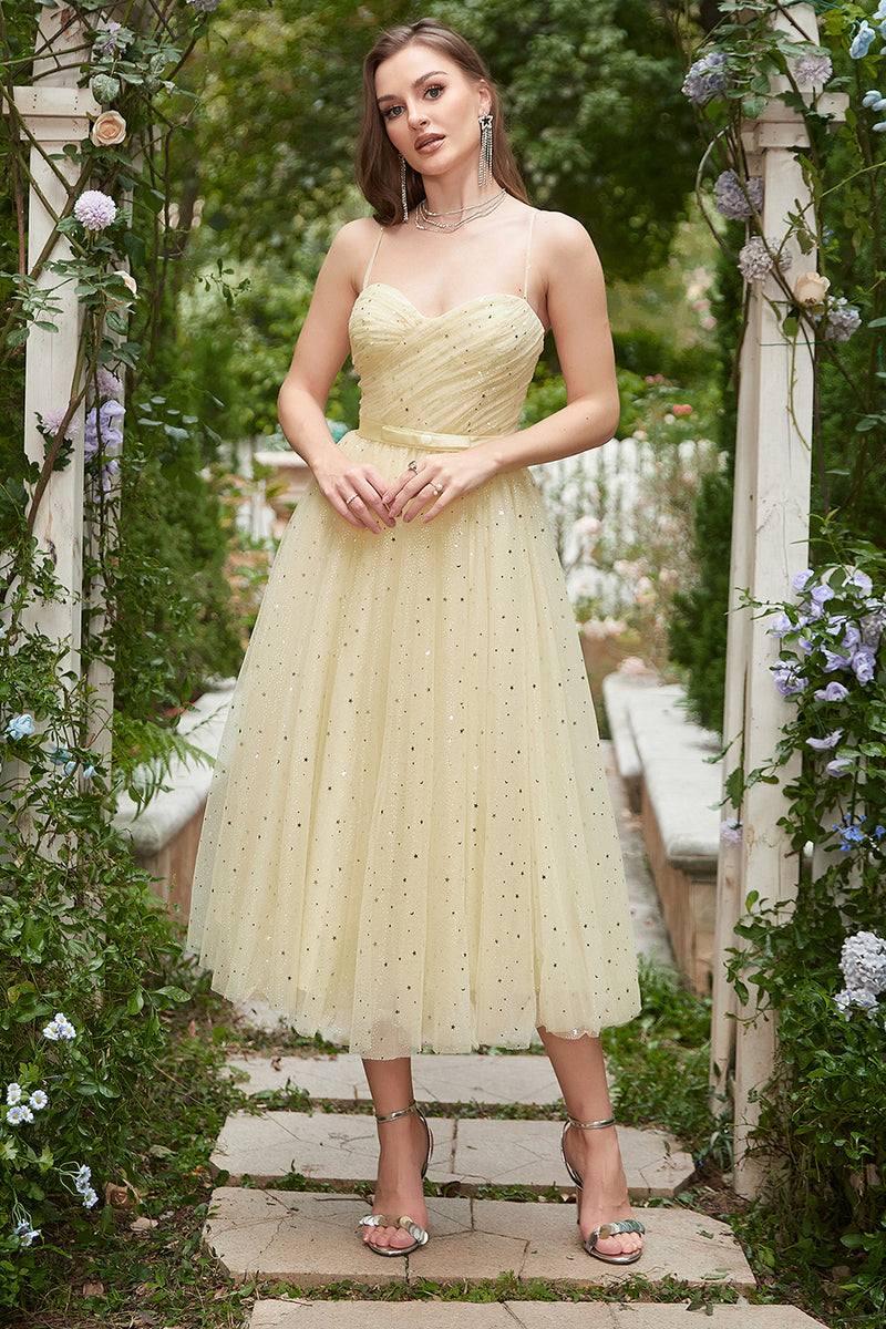 Load image into Gallery viewer, Yellow Spaghetti Straps Tea Length Prom Dress