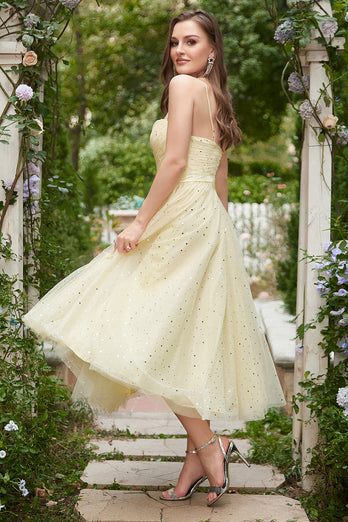 Yellow Spaghetti Straps Tea Length Prom Dress