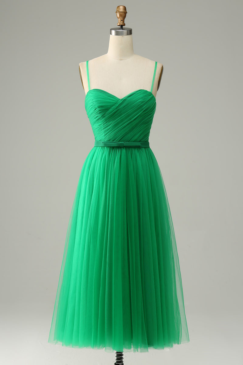 Load image into Gallery viewer, Green Tulle A-line Midi Prom Dress with Ruffles