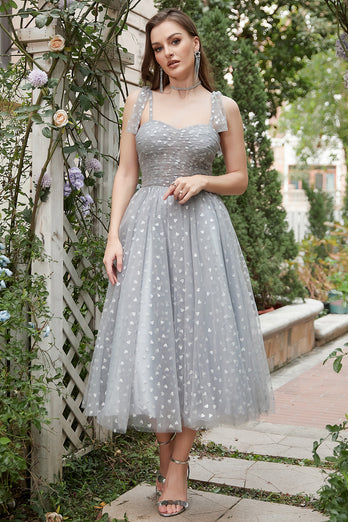 Grey Spaghetti Straps Tea-Length Prom Dress With Bowknots