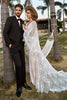 Load image into Gallery viewer, Ivory and Champagne Lace Boho Wedding Dress With Cape